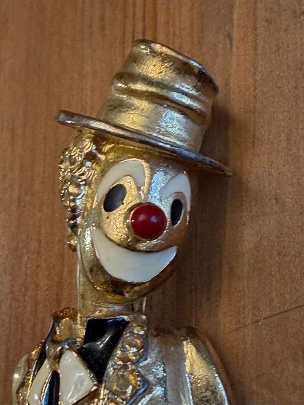 Gold-tone Jomaz Mazer Unsigned Clown Brooch with Black Vest and Red Nose